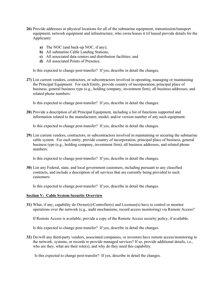 Attachment D Standard Questions for an Application for Assignment or Transfer of Control of a Submarine Cable Landing License, Page 9