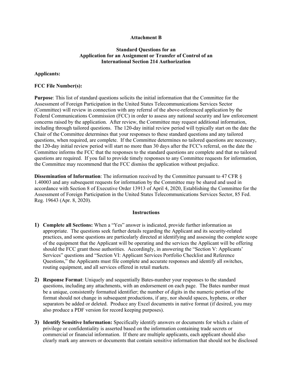 Attachment B Standard Questions for an Application for an Assignment or Transfer of Control of an International Section 214 Authorization, Page 1