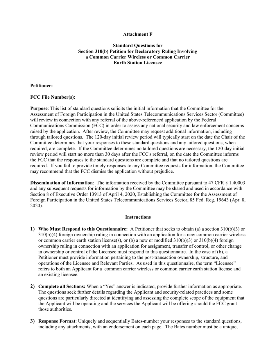 Attachment F Standard Questions for Section 310(B) Petition for Declaratory Ruling Involving a Common Carrier Wireless or Common Carrier Earth Station Licensee, Page 1