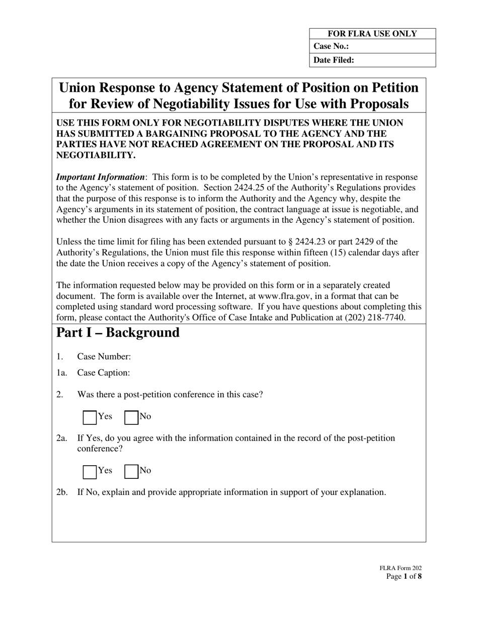 FLRA Form 202 Union Response to Agency Statement of Position on Petition for Review of Negotiability Issues for Use With Proposals, Page 1