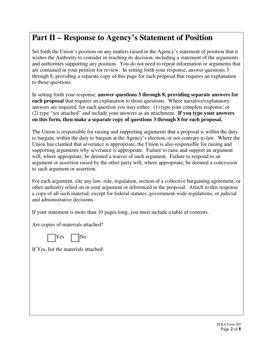 FLRA Form 202 Union Response to Agency Statement of Position on Petition for Review of Negotiability Issues for Use With Proposals, Page 2