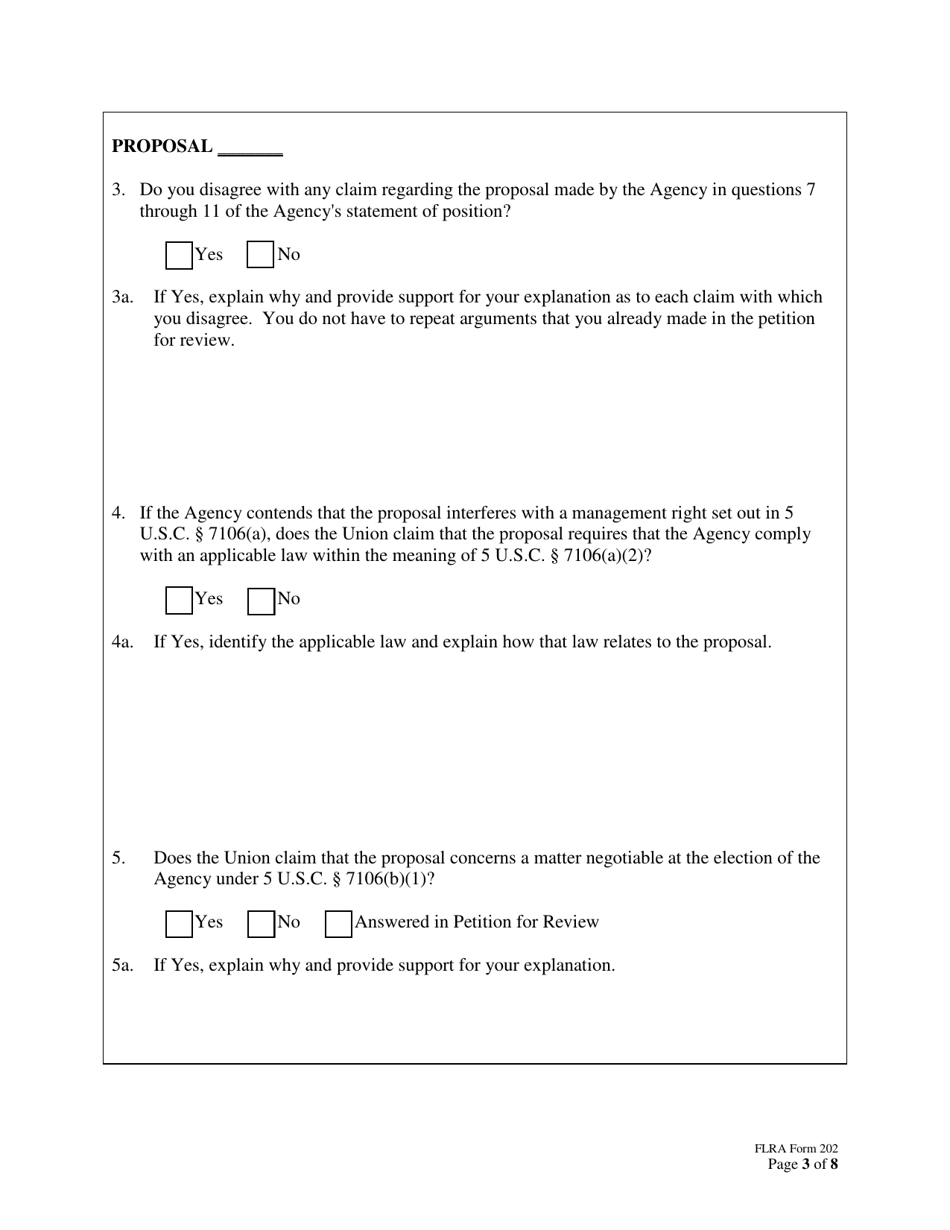 FLRA Form 202 Union Response to Agency Statement of Position on Petition for Review of Negotiability Issues for Use With Proposals, Page 3