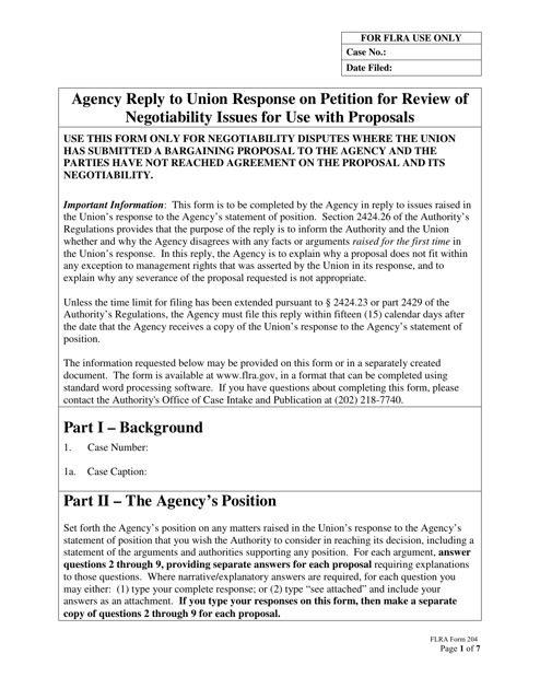 FLRA Form 204 Agency Reply to Union Response on Petition for Review of Negotiability Issues for Use With Proposals