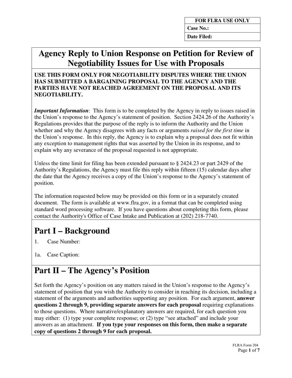 FLRA Form 204 Agency Reply to Union Response on Petition for Review of Negotiability Issues for Use With Proposals, Page 1