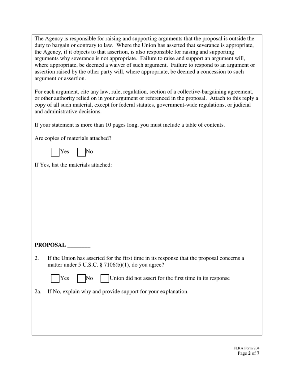 FLRA Form 204 Agency Reply to Union Response on Petition for Review of Negotiability Issues for Use With Proposals, Page 2