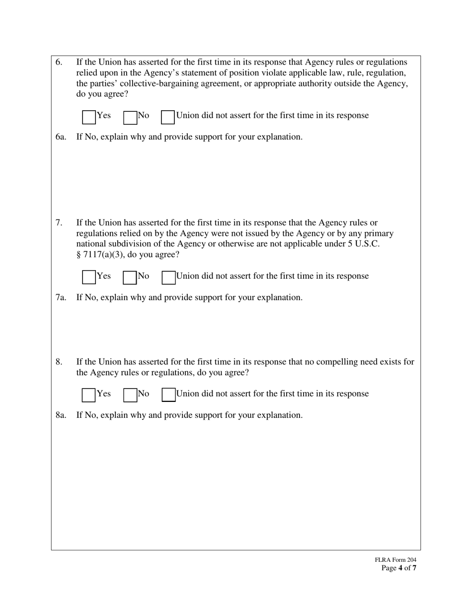 FLRA Form 204 Agency Reply to Union Response on Petition for Review of Negotiability Issues for Use With Proposals, Page 4