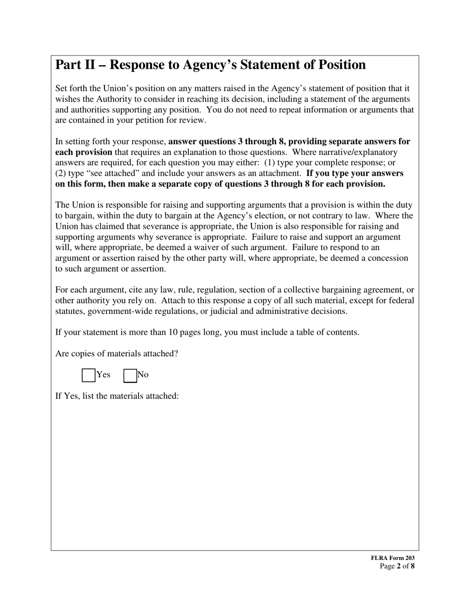 FLRA Form 203 Union Response to Agency Statement of Position on Petition for Review of Negotiability Issues for Use With Disapproved Provisions, Page 2