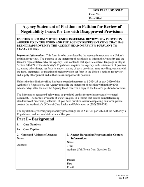 FLRA Form 209 Agency Statement of Position on Petition for Review of Negotiability Issues for Use With Disapproved Provisions