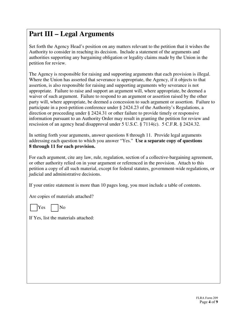 FLRA Form 209 Agency Statement of Position on Petition for Review of Negotiability Issues for Use With Disapproved Provisions, Page 4
