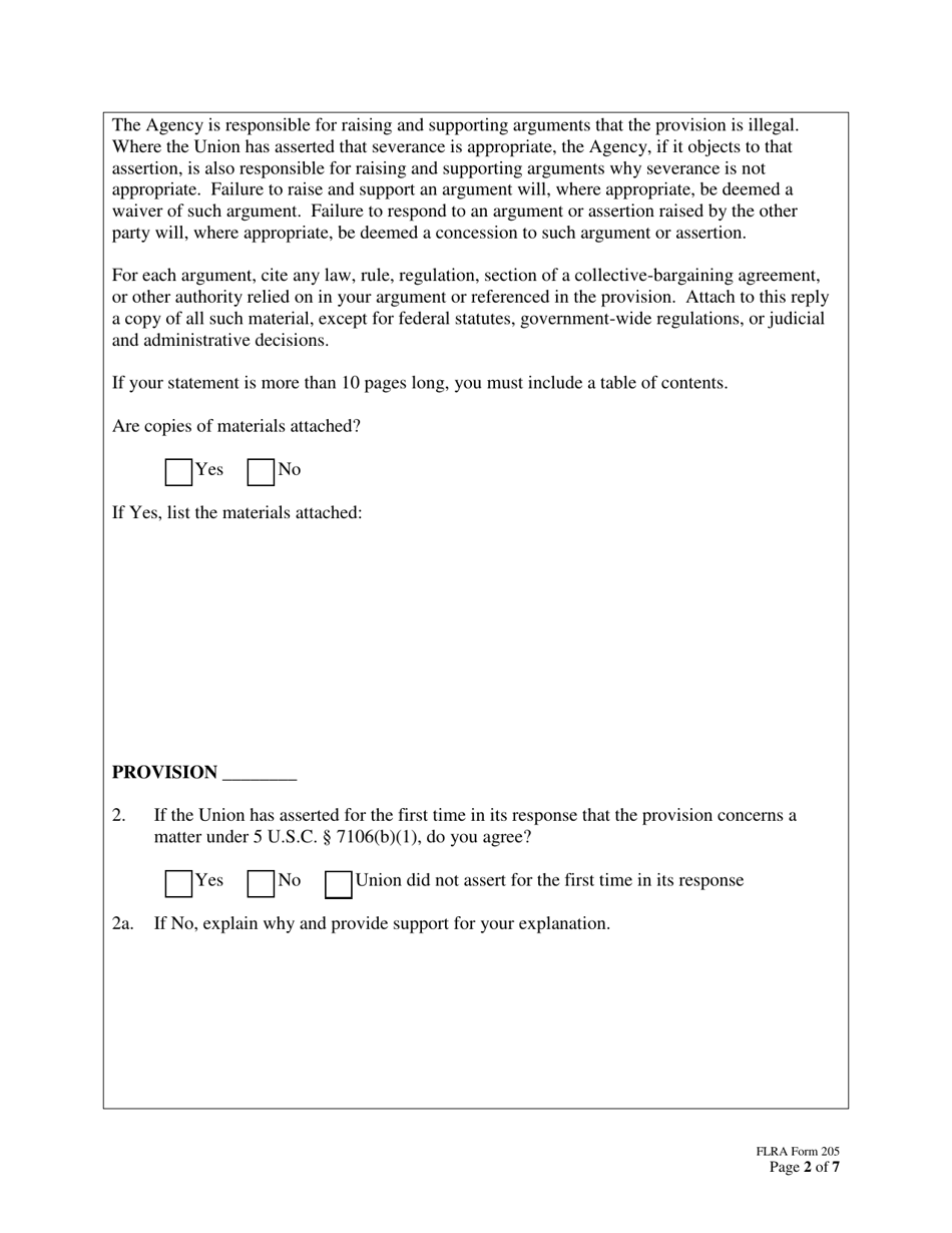 FLRA Form 205 Agency Reply to Union Response on Petition for Review of Negotiability Issues for Use With Disapproved Provisions, Page 2