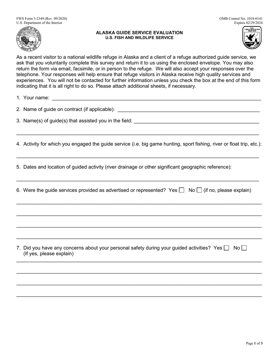 FWS Form 3-2349 Alaska Guide Service Evaluation, Page 1