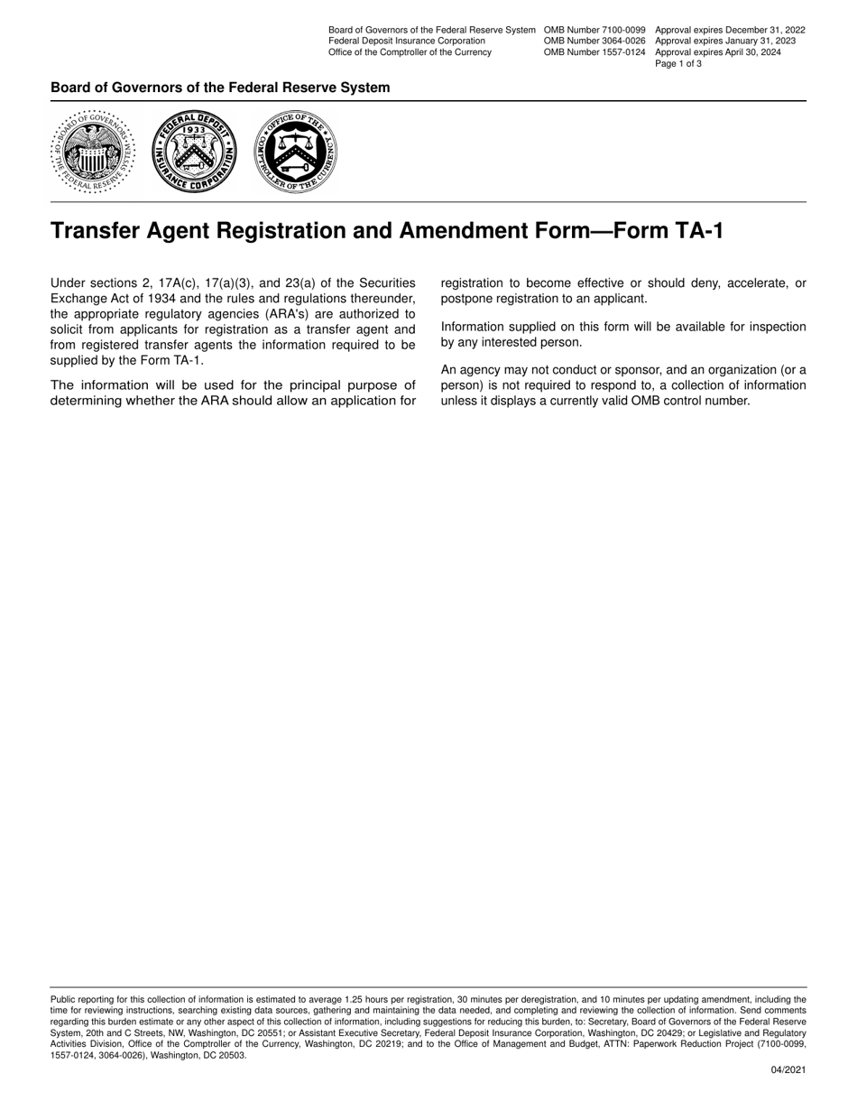 Form TA-1 Transfer Agent Registration and Amendment Form, Page 1