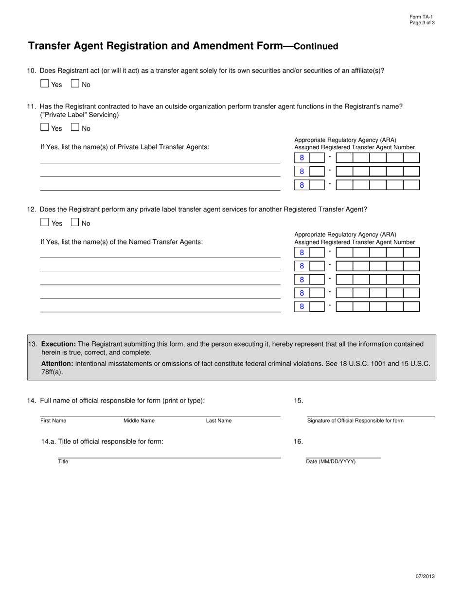 Form TA-1 Transfer Agent Registration and Amendment Form, Page 3