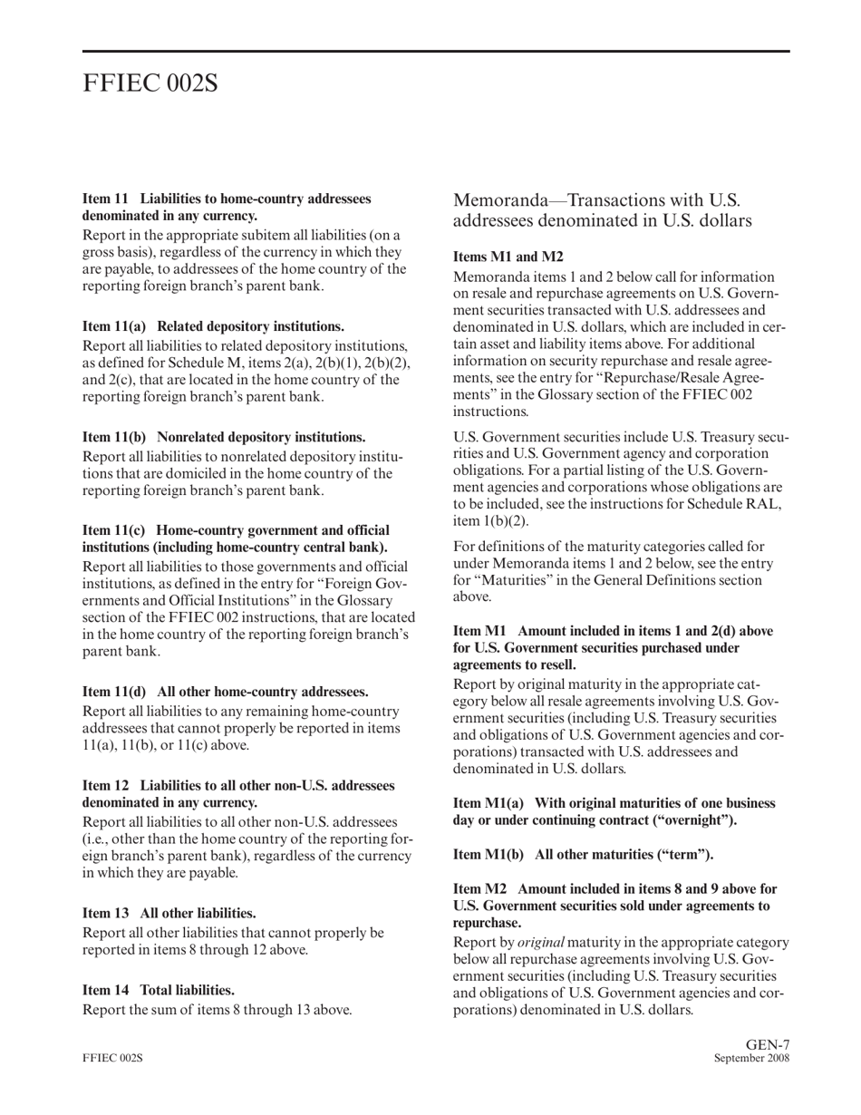 Instructions for Form FFIEC002S Report of Assets and Liabilities of a Non-U.S. Branch That Is Managed or Controlled by a U.S. Branch or Agency of a Foreign (Non-U.S.) Bank, Page 9
