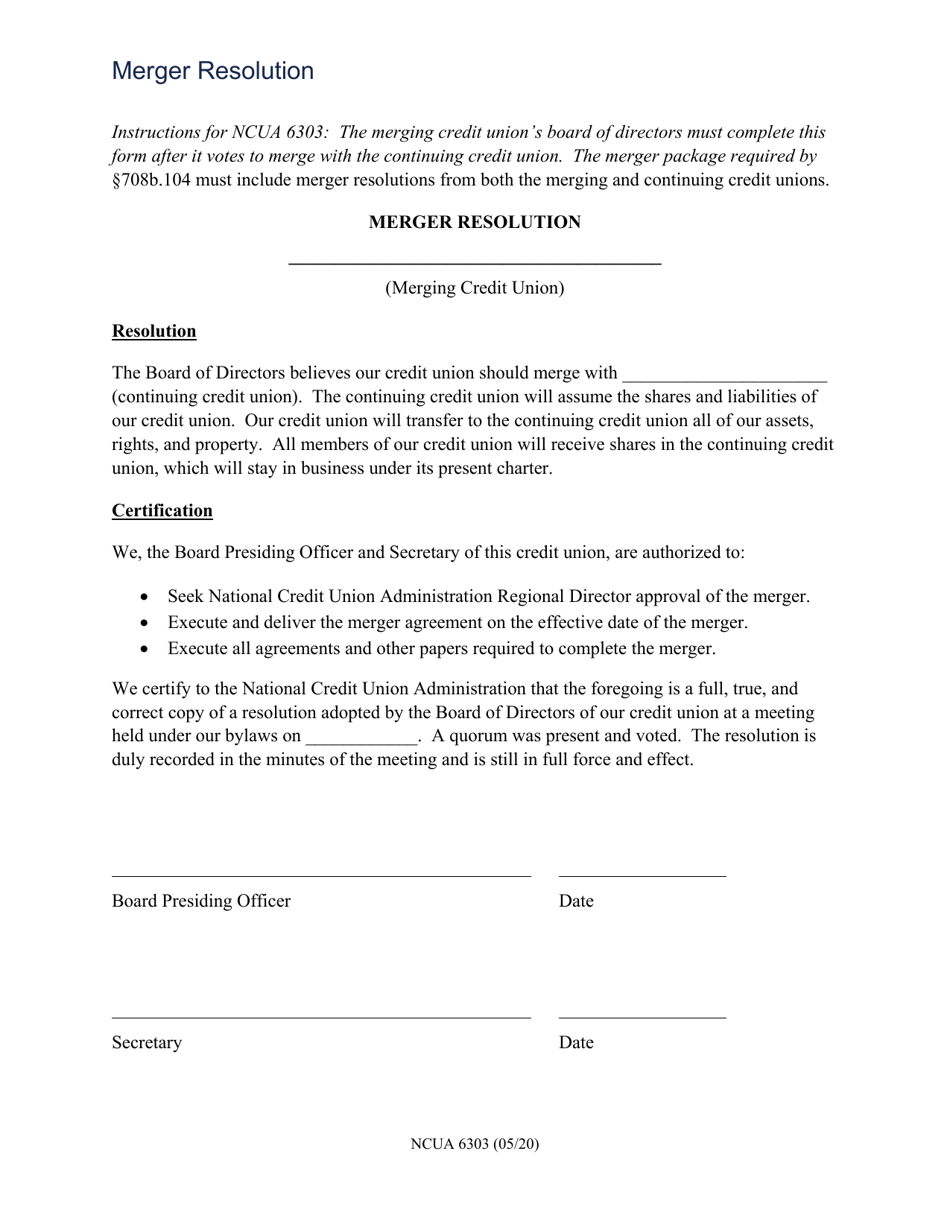 NCUA Form 6303 Merger Resolution (Merging Credit Union), Page 1
