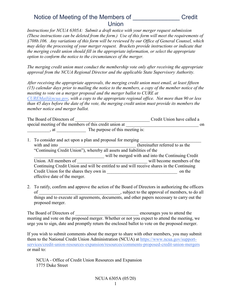 NCUA Form 6305A Notice of Meeting of the Members of Credit Union, Page 1