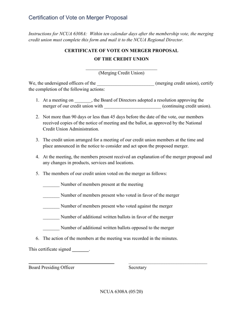 NCUA Form 6308A Certification of Vote on Merger Proposal of the Credit Union