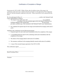 Document preview: NCUA Form 6309 Certification of Completion of Merger