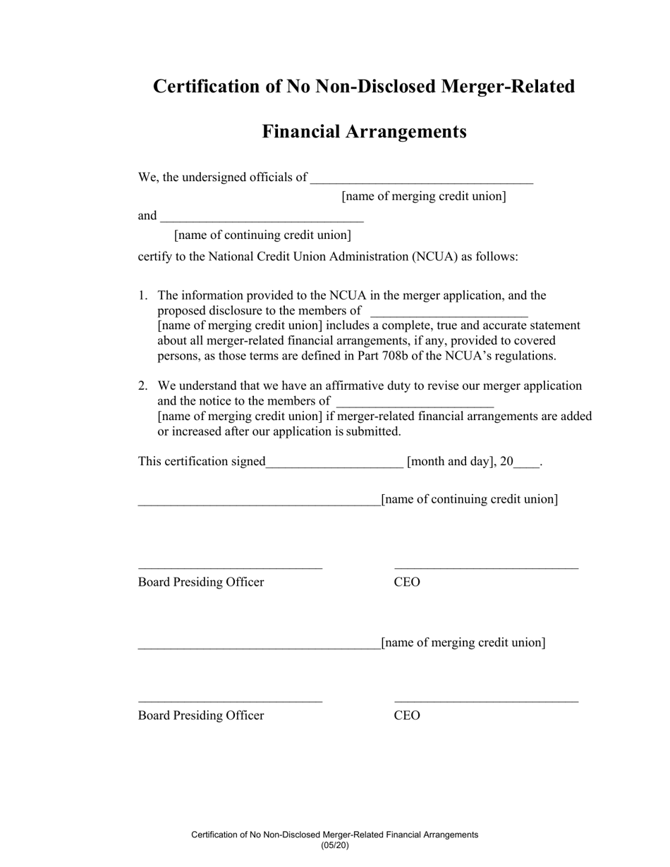 Certification of No Non-disclosed Merger-Related Financial Arrangements, Page 1