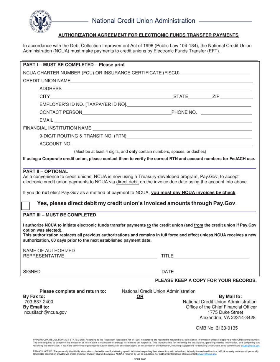 NCUA Form 2005 Authorization Agreement for Electronic Funds Transfer Payments, Page 1