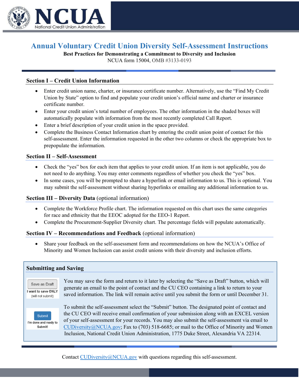 Instructions for NCUA Form 15004 Annual Voluntary Credit Union Diversity Self-assessment, Page 1