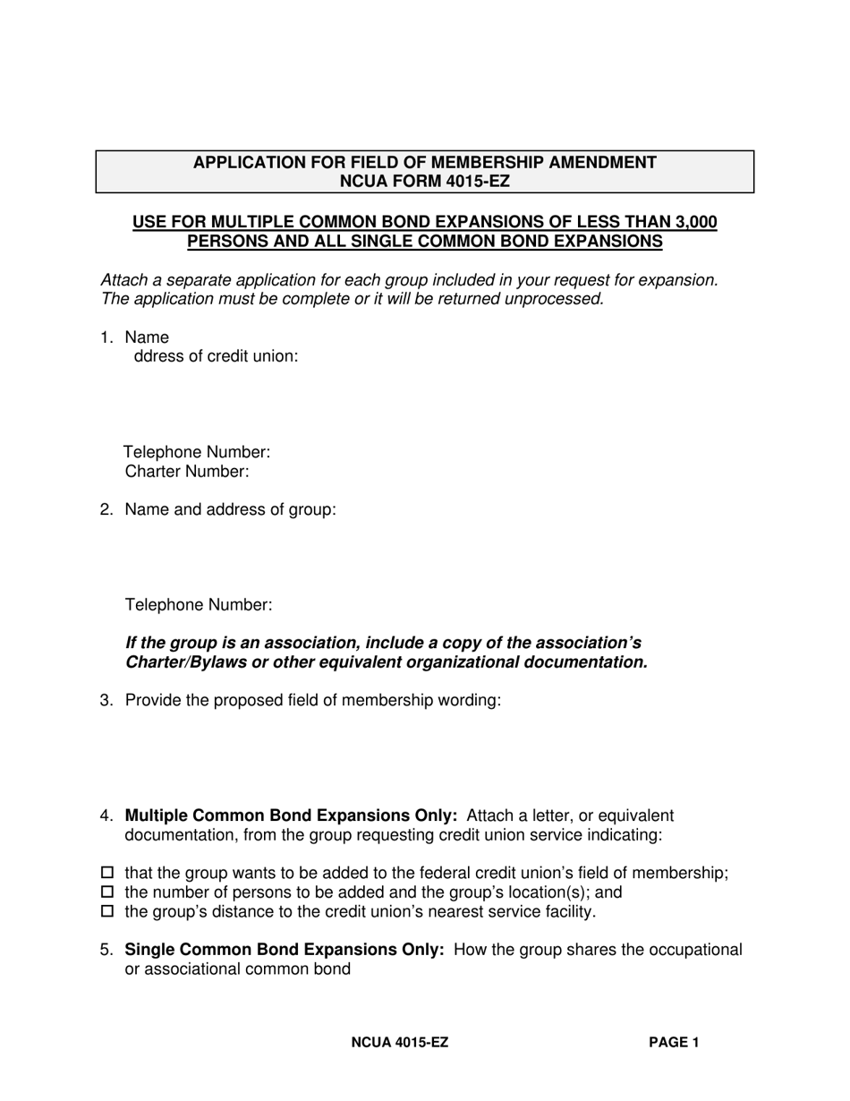 NCUA Form 4015-EZ Application for Field of Membership Amendment, Page 1
