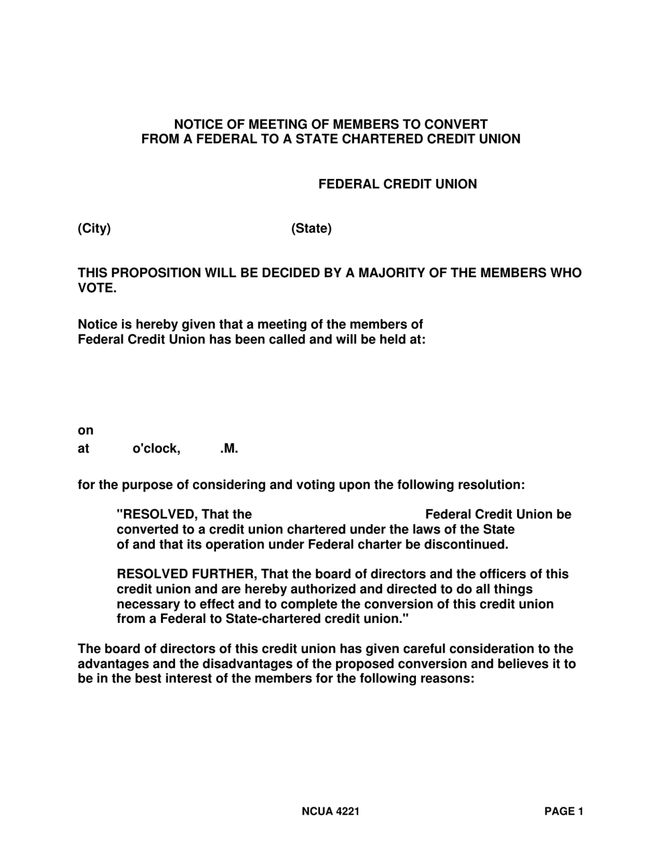 NCUA Form 4221 Notice of Meeting of Members to Convert From a Federal to a State Chartered Credit Union, Page 1