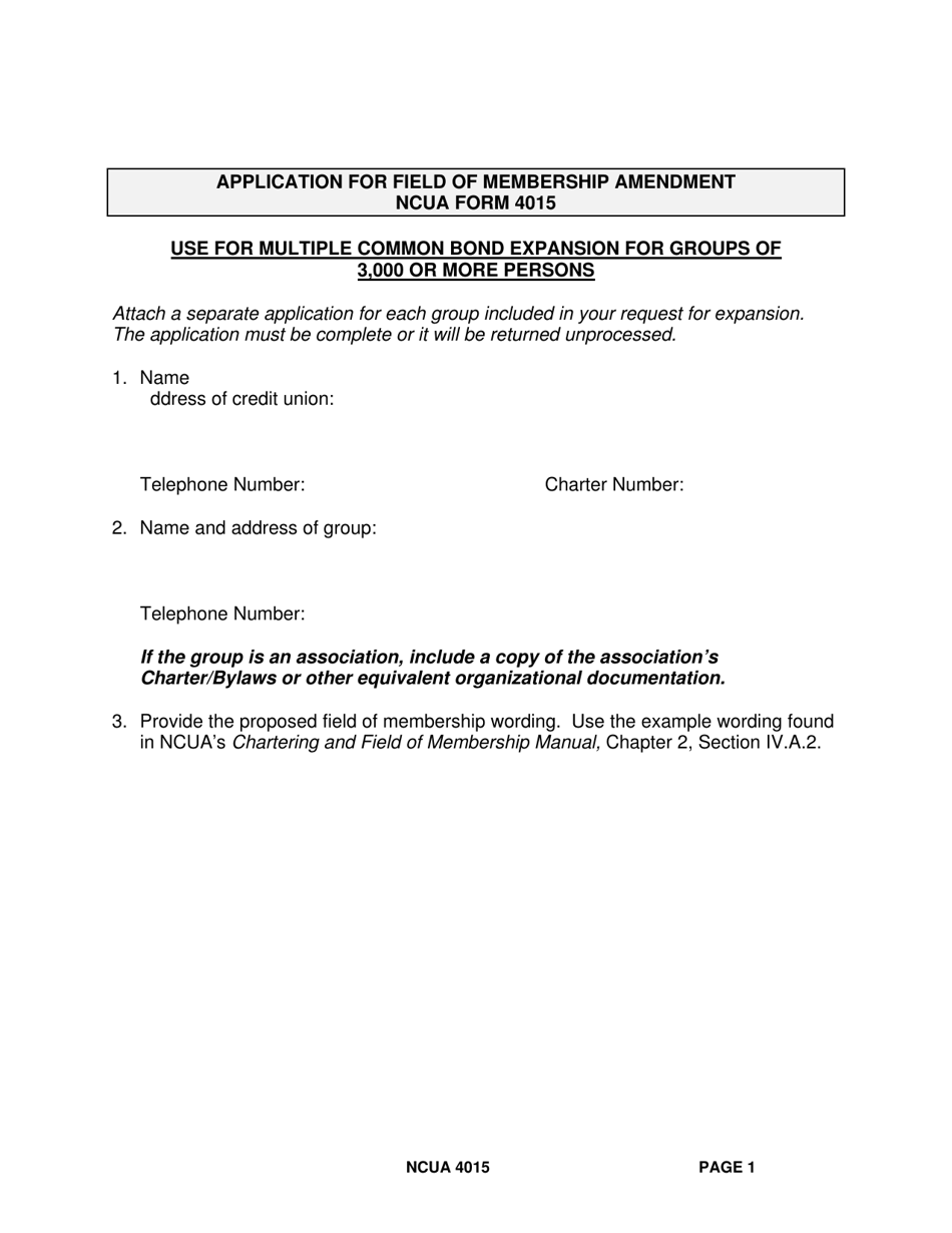 NCUA Form 4015 Application for Field of Membership Amendment, Page 1