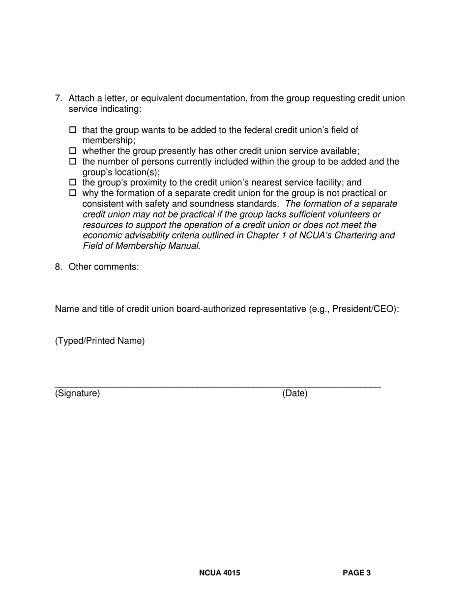 NCUA Form 4015 Application for Field of Membership Amendment, Page 3