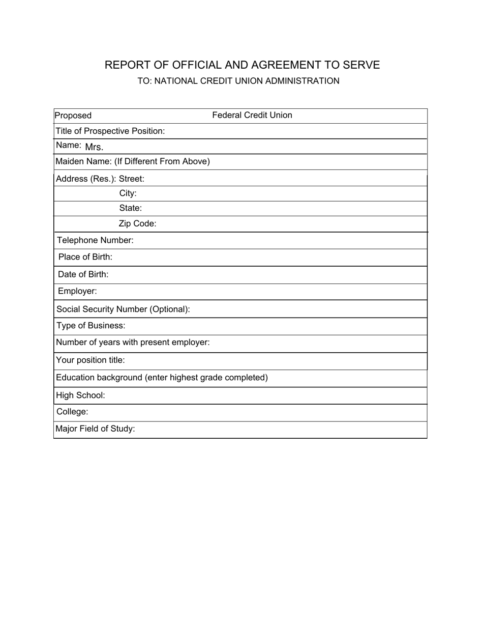 NCUA Form 4012 Report of Official and Agreement to Serve, Page 1