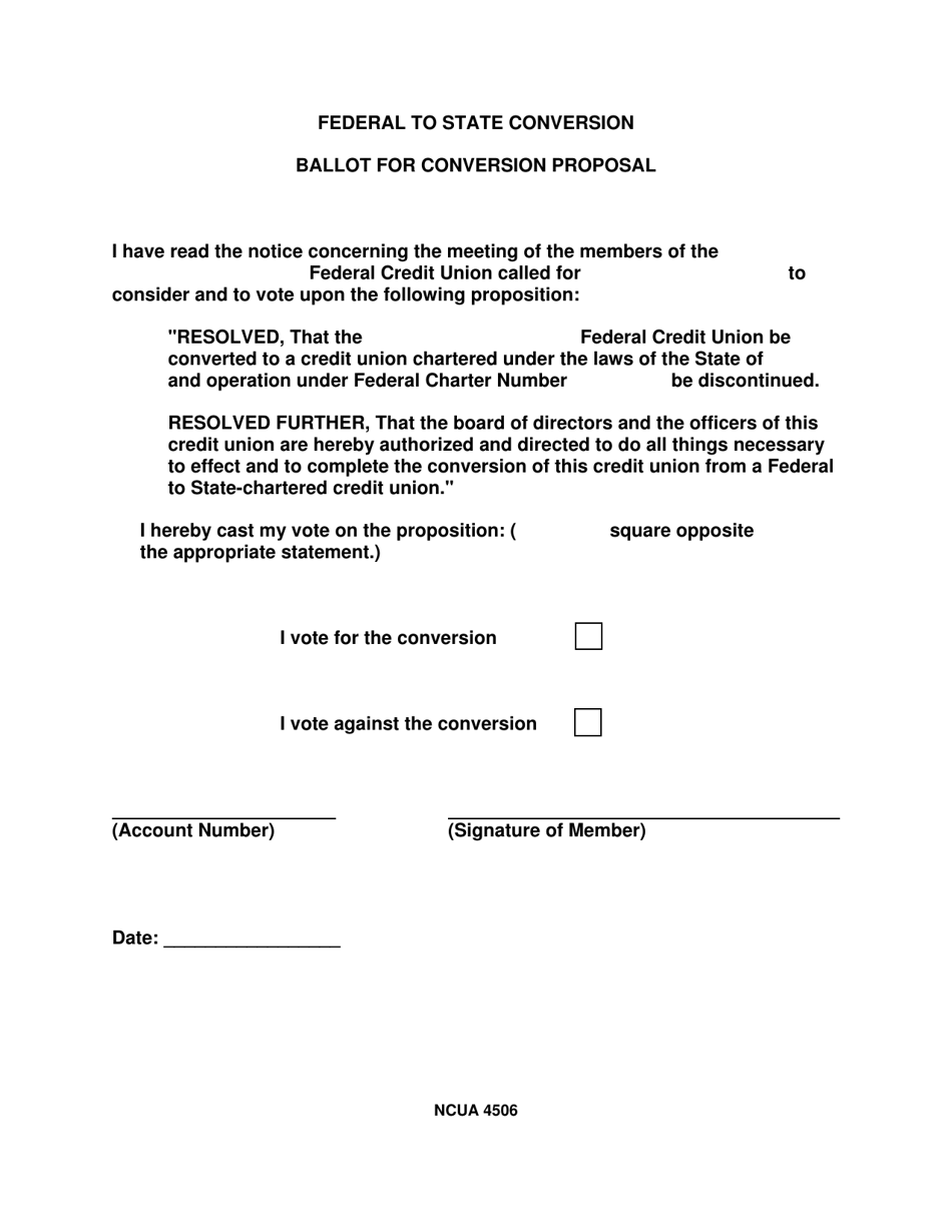 NCUA Form 4506 Ballot for Conversion Proposal - Federal to State Conversion, Page 1