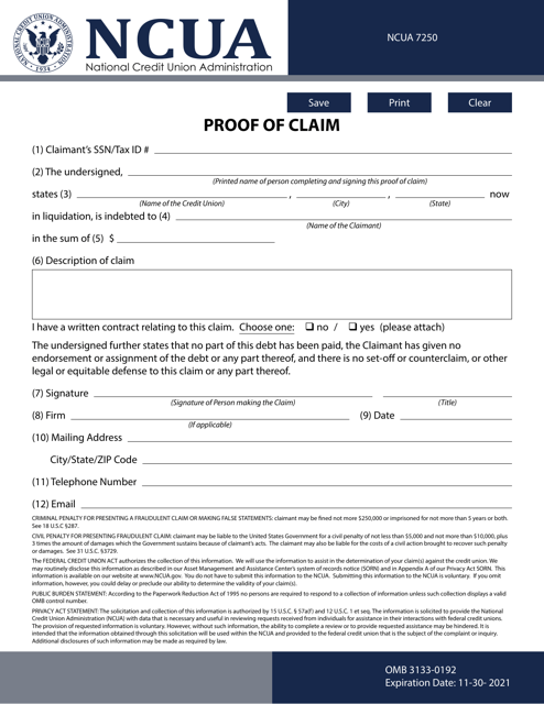 NCUA Form 7250 Proof of Claim