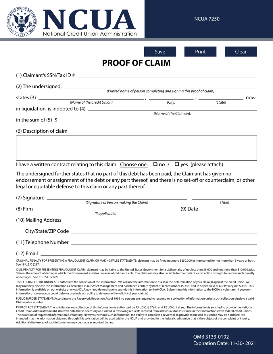 NCUA Form 7250 Proof of Claim, Page 1