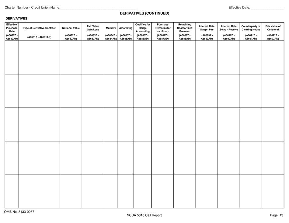 NCUA Form 5310 Corporate Credit Union Call Report Form, Page 14