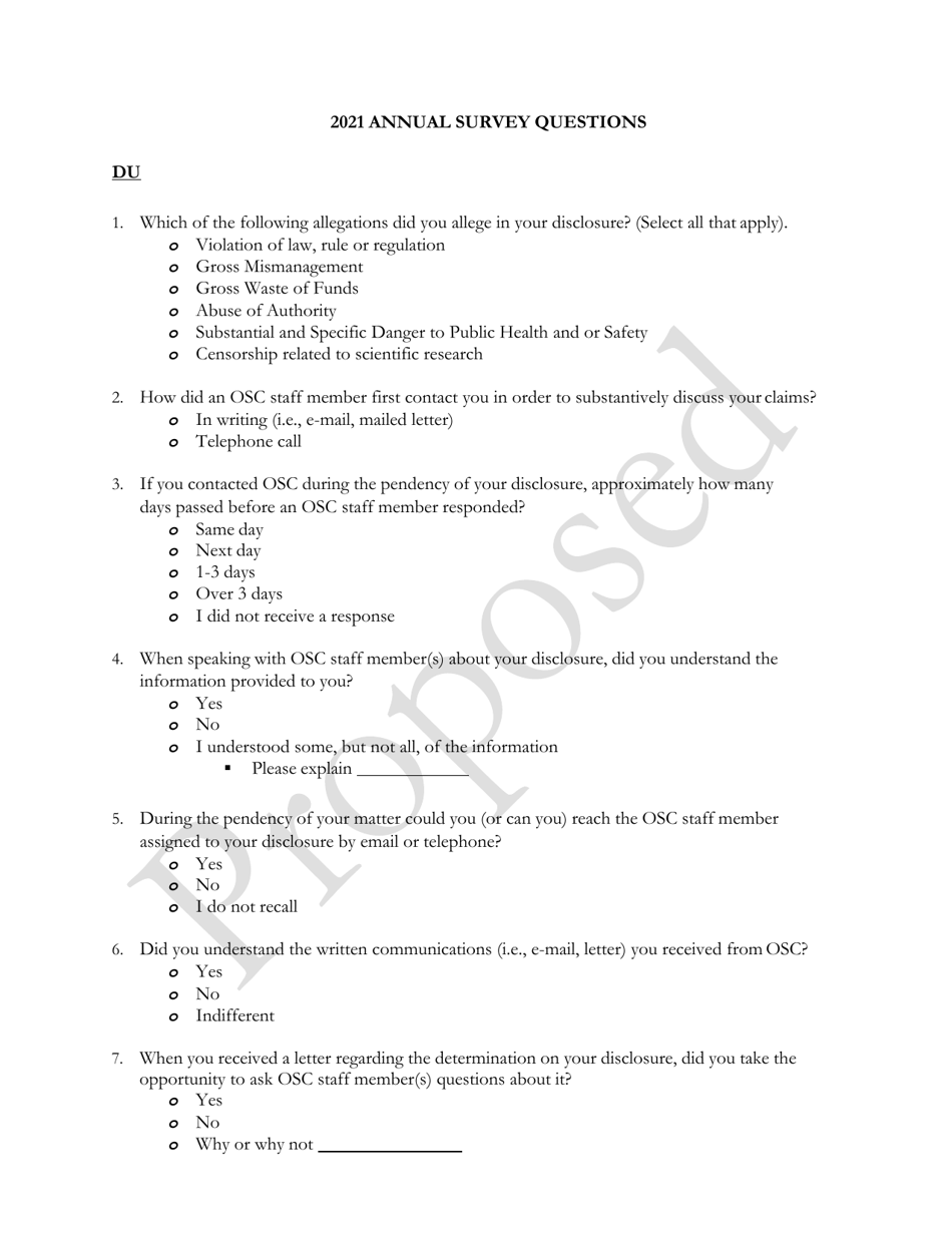 Disclosure Unit (Du) Annual Survey Questions, Page 1