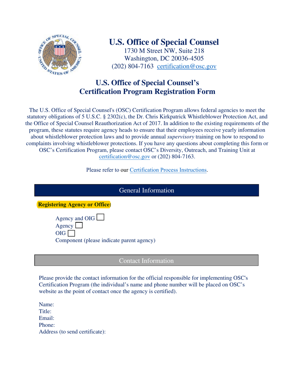 U.S. Office of Special Counsels Certification Program Registration Form, Page 1