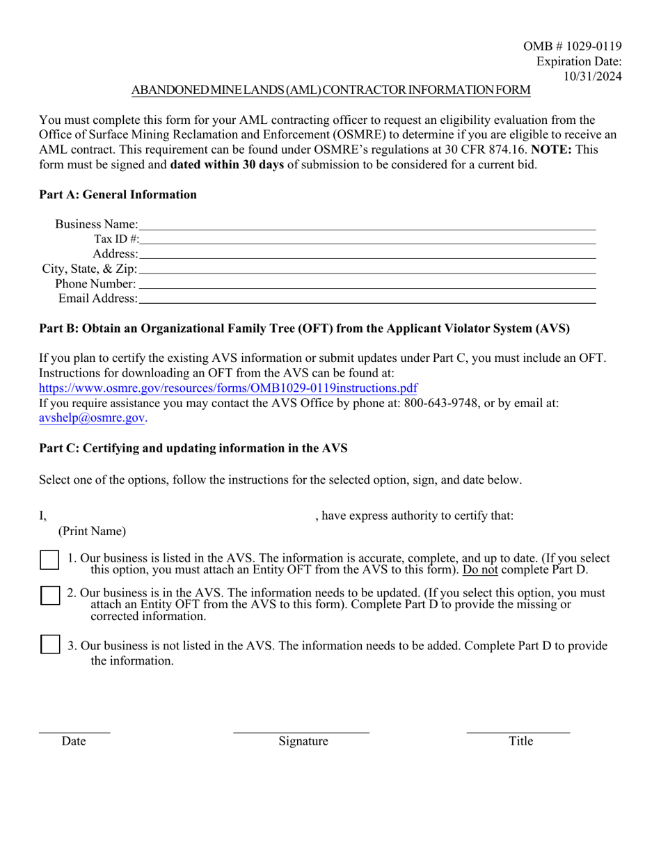 Abandoned Mine Lands (Aml) Contractor Information Form, Page 1