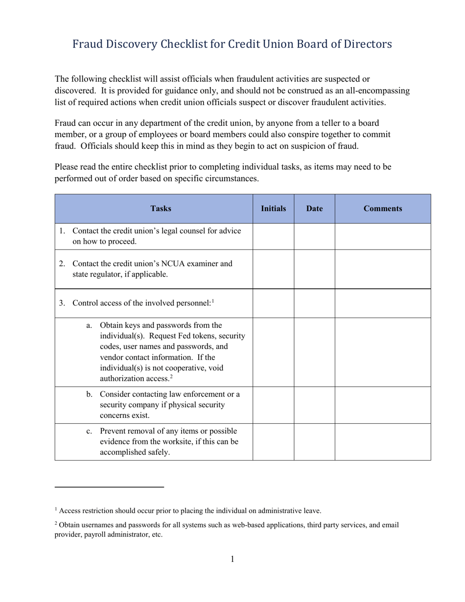Fraud Discovery Checklist for Credit Union Board of Directors, Page 1