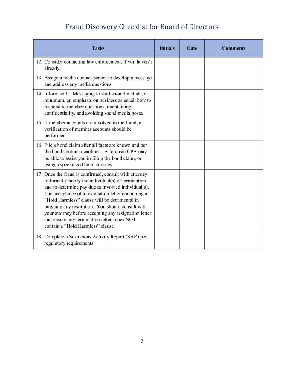 Fraud Discovery Checklist for Credit Union Board of Directors, Page 5