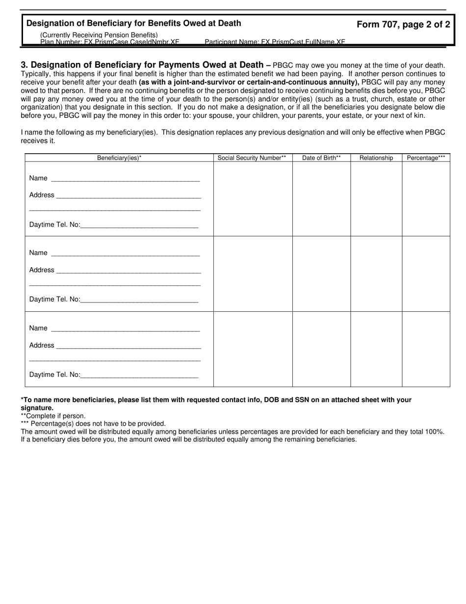 PBGC Form 707 Designation of Beneficiary for Benefits Owed at Death (Currently Receiving Pension Benefits), Page 4