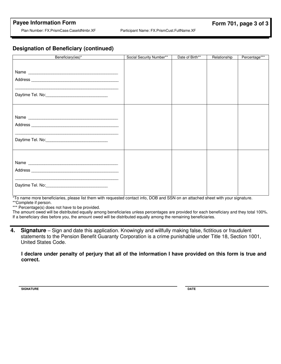 PBGC Form 701 Payee Information Form, Page 5
