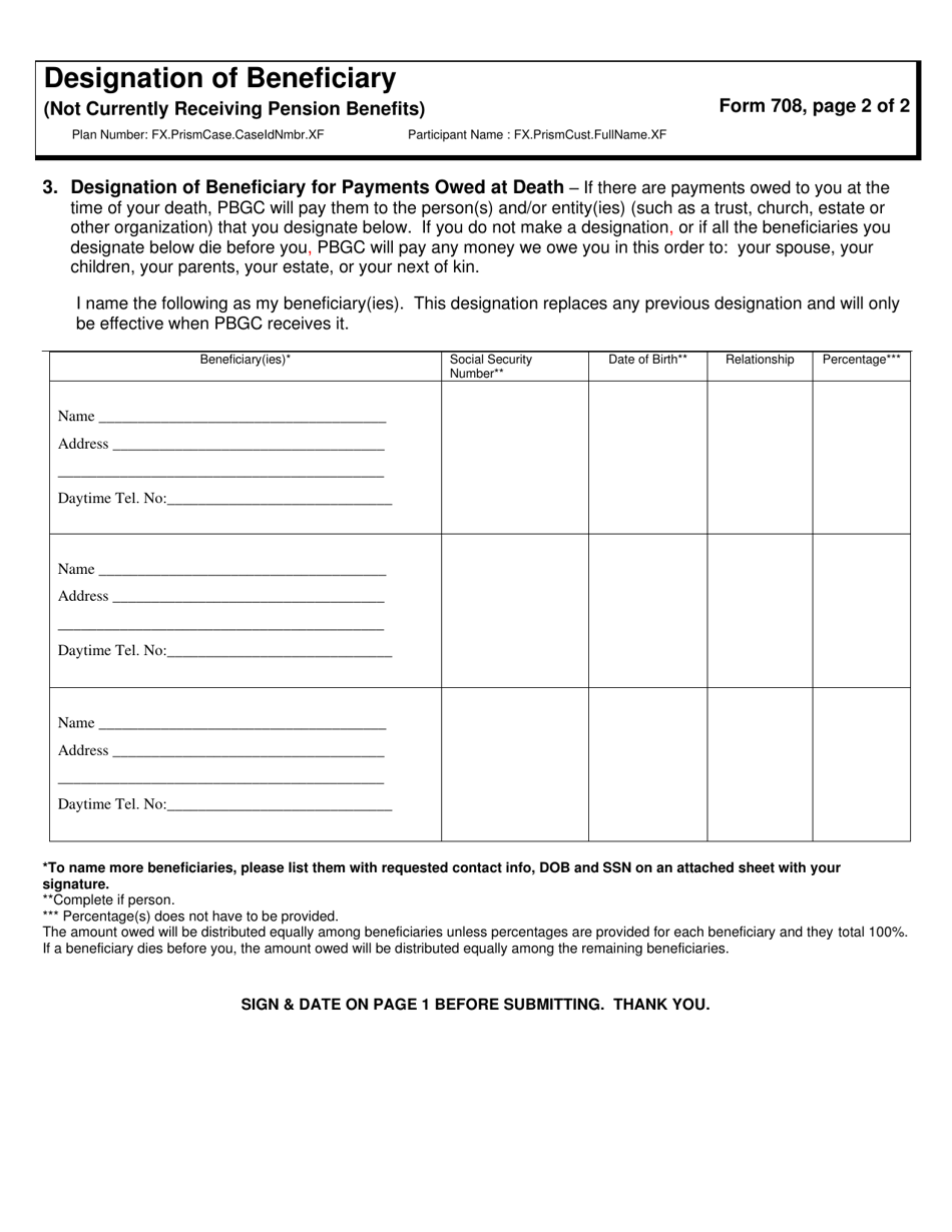 PBGC Form 708 Designation of Beneficiary (Not Currently Receiving Pension Benefits), Page 4