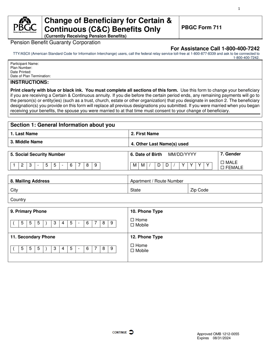 PBGC Form 711 Change of Beneficiary for Certain  Continuous (Cc) Benefits Only, Page 3