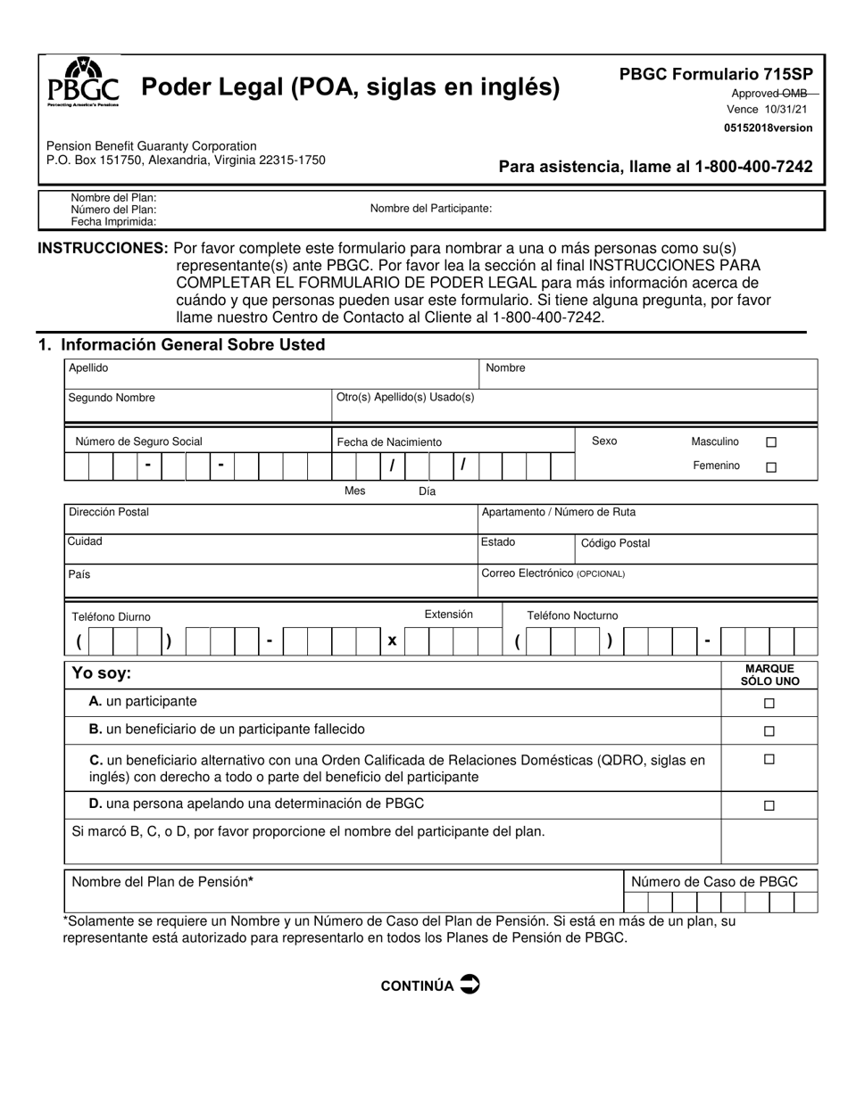 PBGC Formulario SP715 Poder Legal (Poa, Siglas En Ingles) (Spanish), Page 2