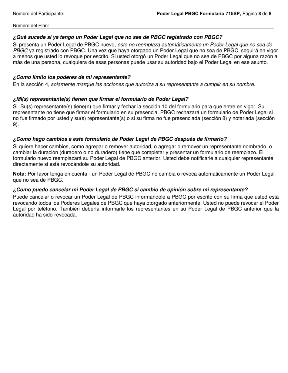 PBGC Formulario SP715 Poder Legal (Poa, Siglas En Ingles) (Spanish), Page 9