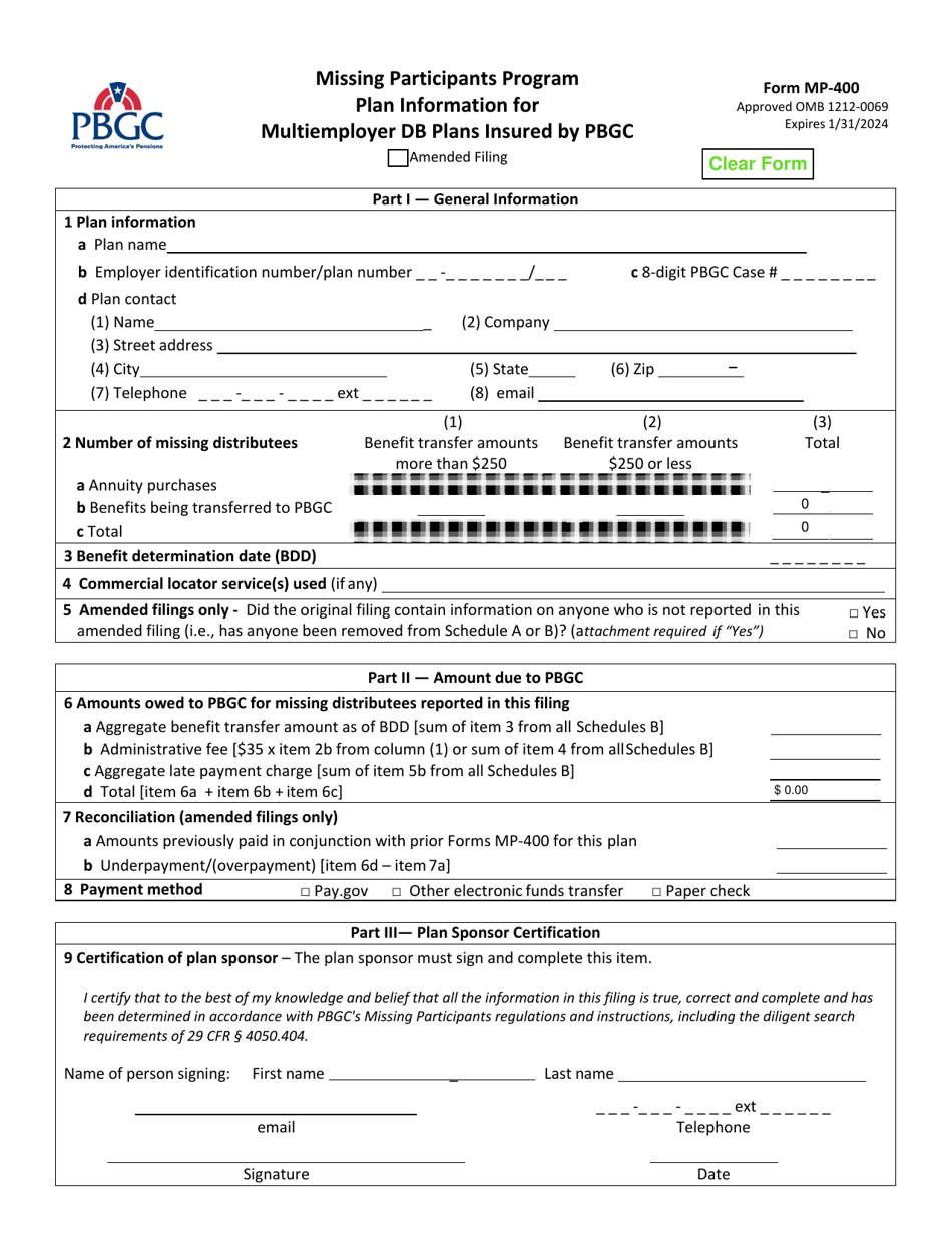 Form MP-400 Missing Participants Program Plan Information for Multiemployer Db Plans Insured by Pbgc, Page 1