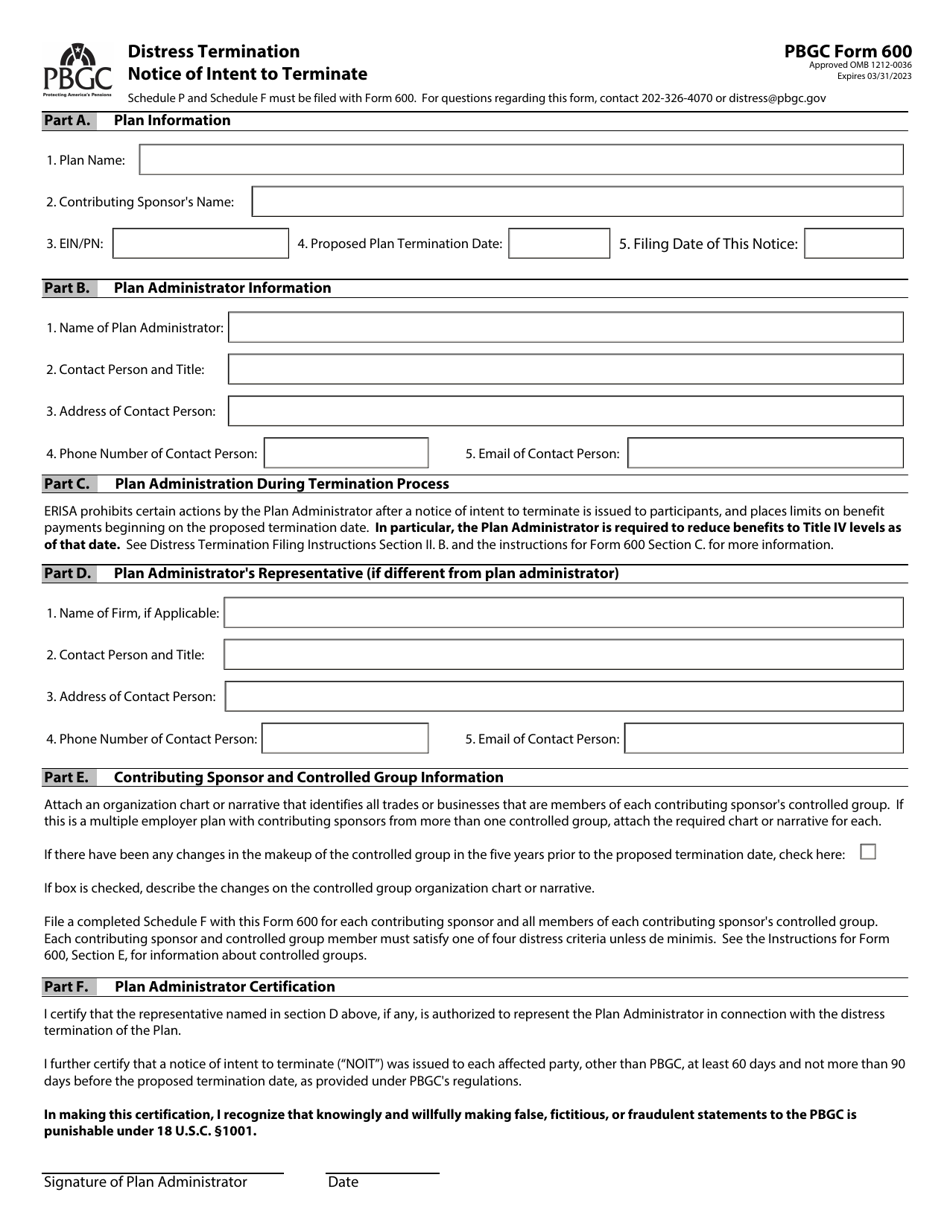 PBGC Form 600 Distress Termination Notice of Intent to Terminate, Page 1