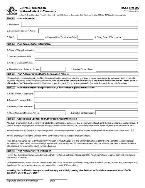 PBGC Form 600 Distress Termination Notice of Intent to Terminate