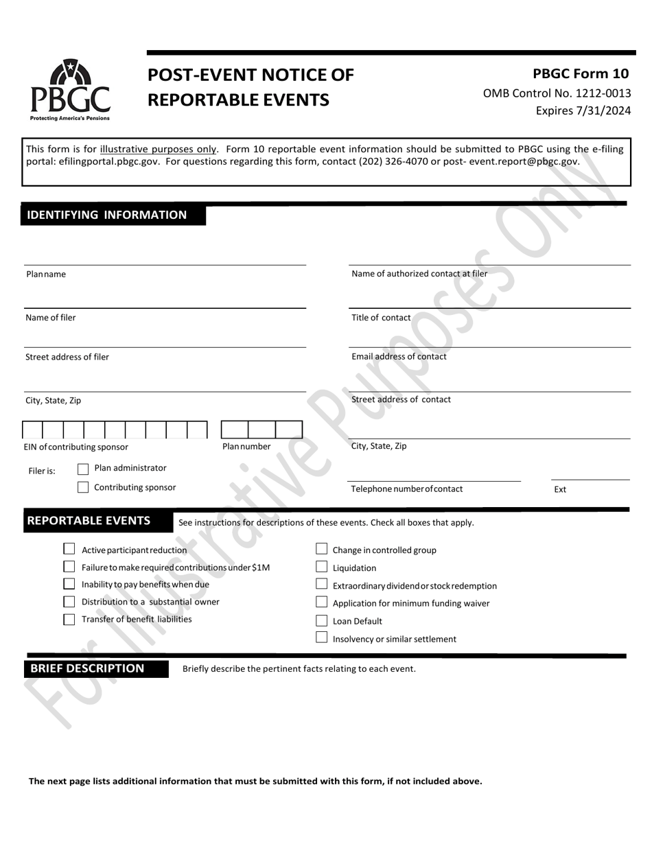 PBGC Form 10 Post-event Notice of Reportable Events, Page 1