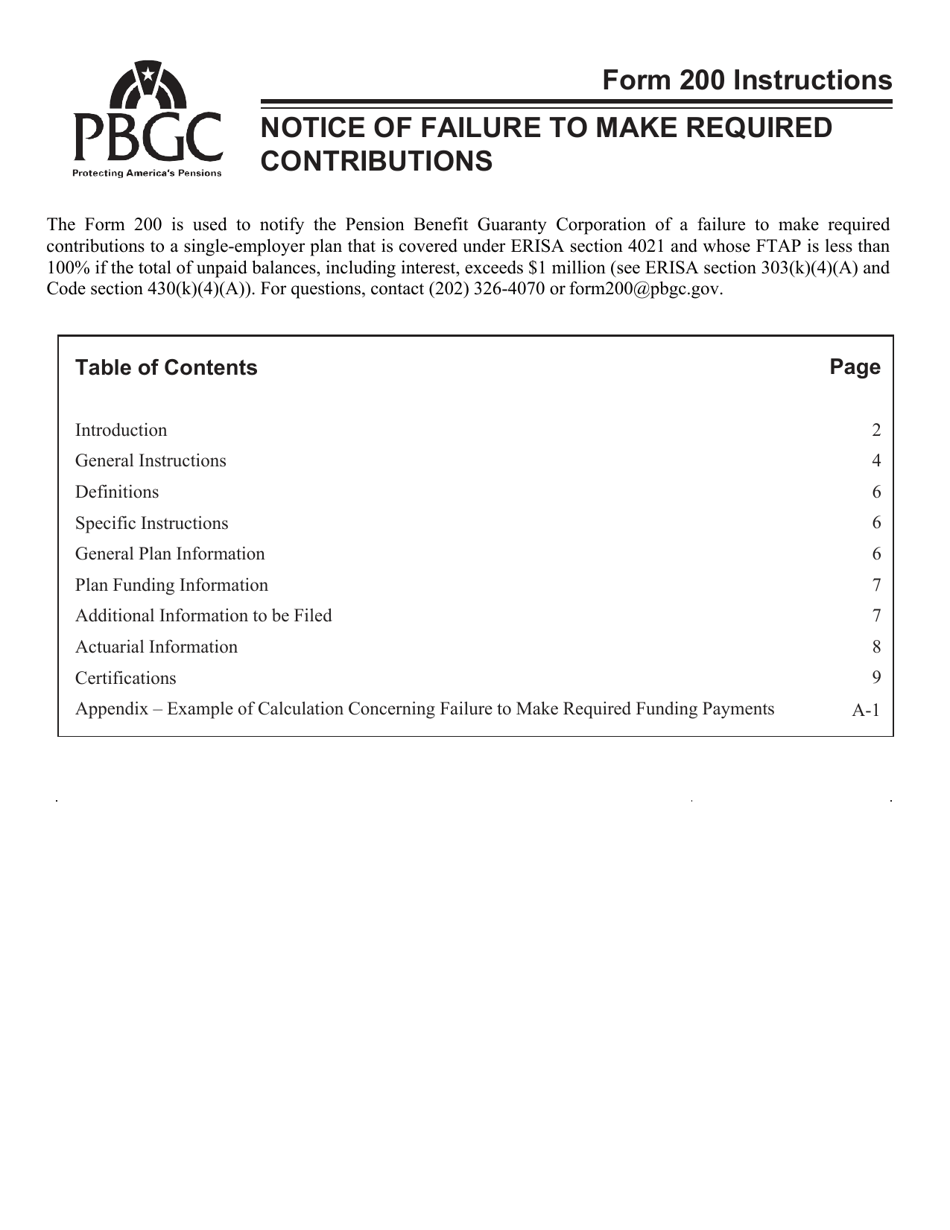 Instructions for PBGC Form 200 Notice of Failure to Make Required Contributions, Page 1